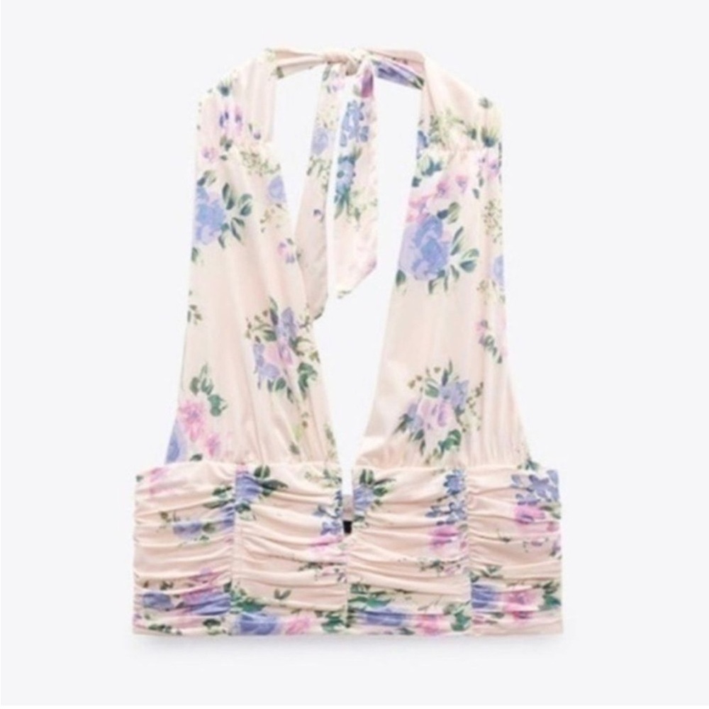 Zara Ruched Satin Floral Halter Top